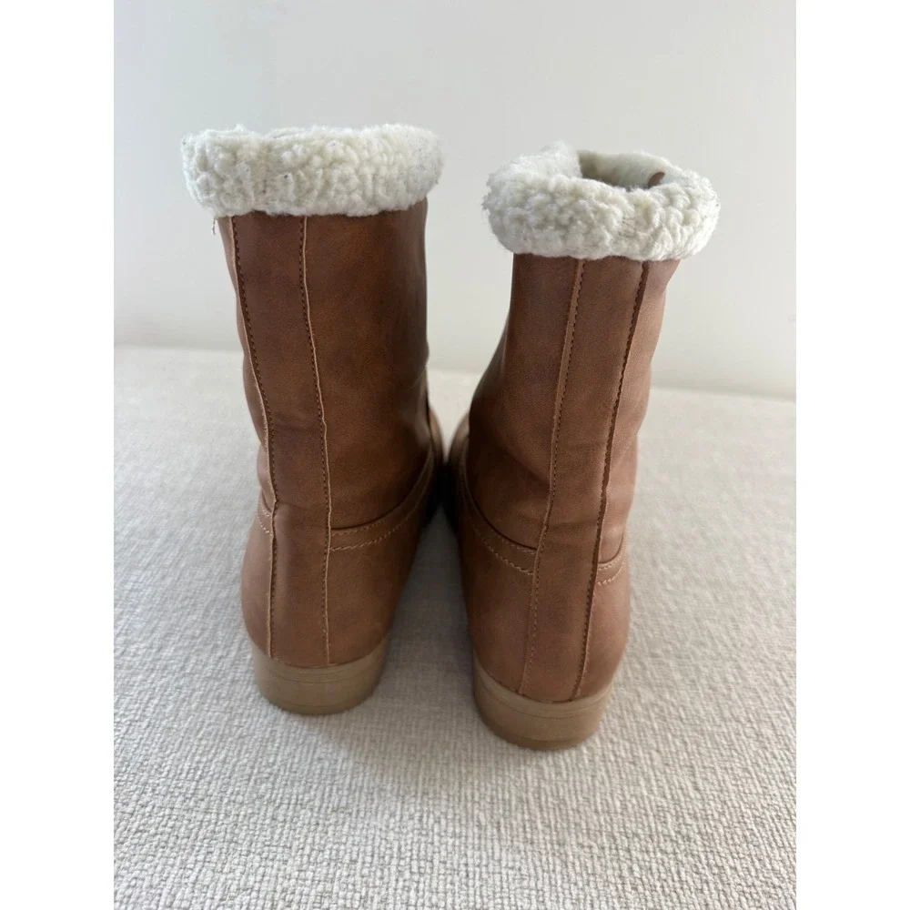 Jands Women's Brown Faux Leather Mid-Calf Winter Boots Fleece Sherpa Trim Size 9